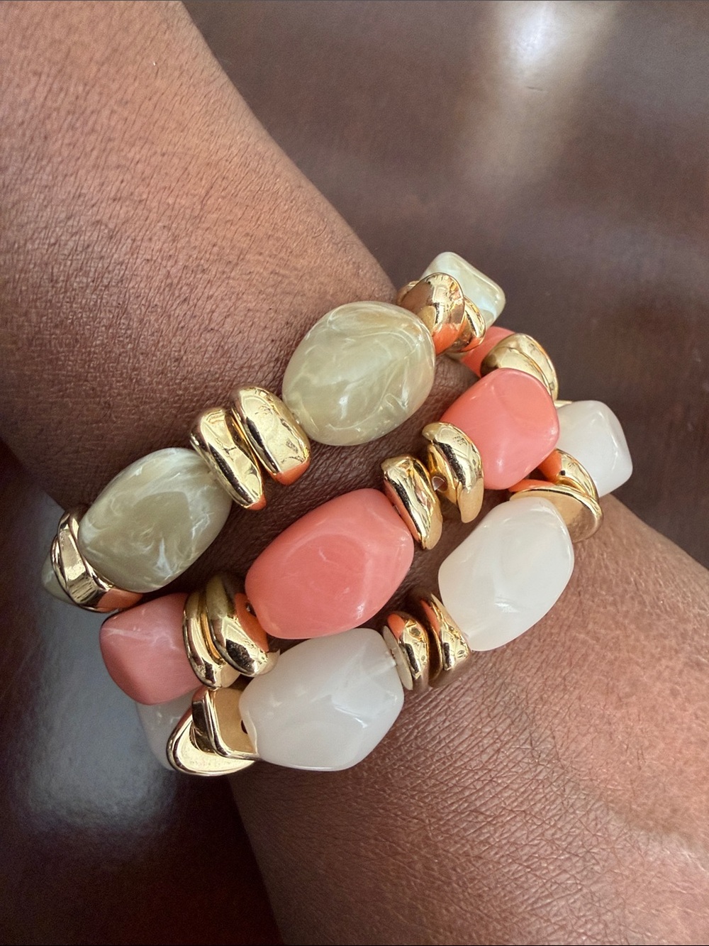 Gold Accent Multi-Acrylic Beaded Stretch Bracelets Set in Coral, Cream, and Sage